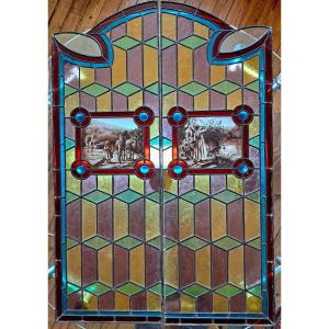 Stained Glass Window Pair Of Art Nouveau Deco Elements 1900 Polychrome Glassware Rural Landscapes