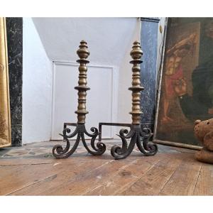 Pair Of Hammered Iron And Bronze Firedogs From The 18th Century