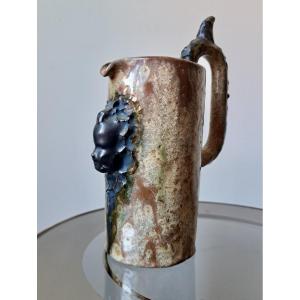 Sylvain Hublet (1905-1988) Stoneware Tankard With Face In Black Iridescent Application