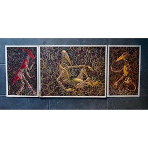 Large Surrealist Triptych Cyber Humanoid Robot Circa 1970