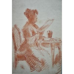19th Century Red Chalk Drawing "woman Reading"