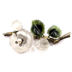 0804. Vintage Gold Brooch With Rock Crystal And Nephrite