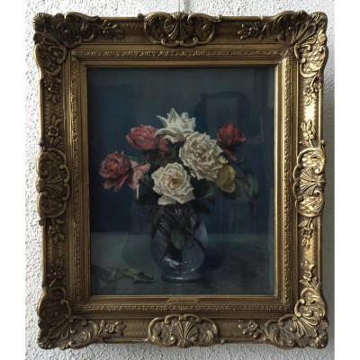 "bouquet Of Roses", Pastel By Arsène Chabanian (1864-1949)