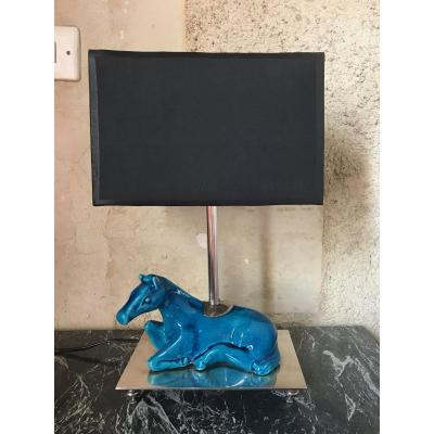 Horse Lamp In Cracked Blue Ceramic, Middle Twentieth