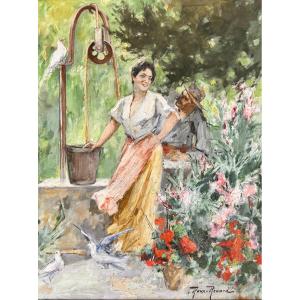 Marius Roux-renard (1870-1936) Orange Avignon Gallant Scene Near A Well