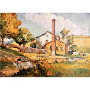 Eugène Yvan (1904-2006) Provence Avignon Pujaut Washerwoman Near A Mill