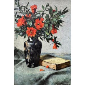 Marius Roux-renard (1870-1936) Orange Avignon Still Life With A Bouquet Of Pomegranate Flowers