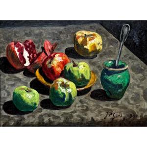 Jean-pierre Gras (1879-1964) Provence Avignon Félibre Still Life With Green Apples