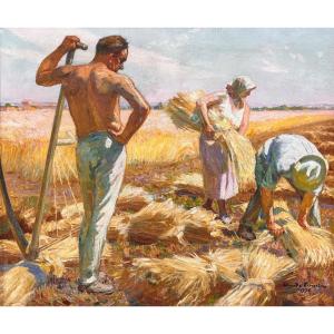 Claude Firmin (1864-1944)-avignon-provence-paris-group Of Thirteen-harvest Scene, 1936