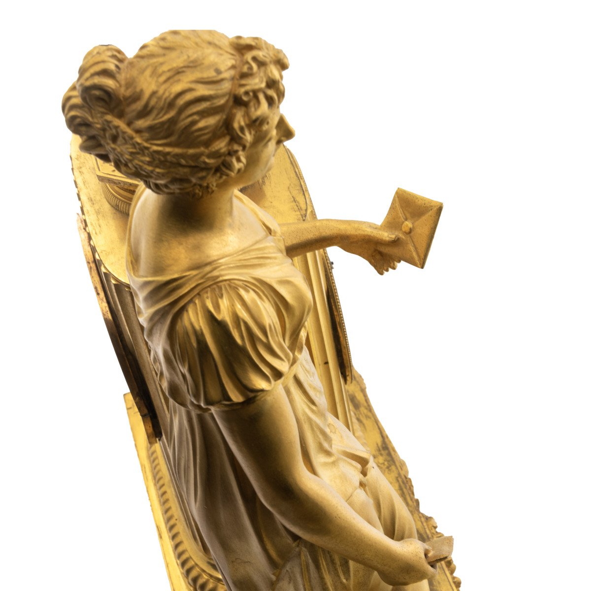 Pendola francese in bronzo dorato, “La Lettre” firmata Dubue-photo-2