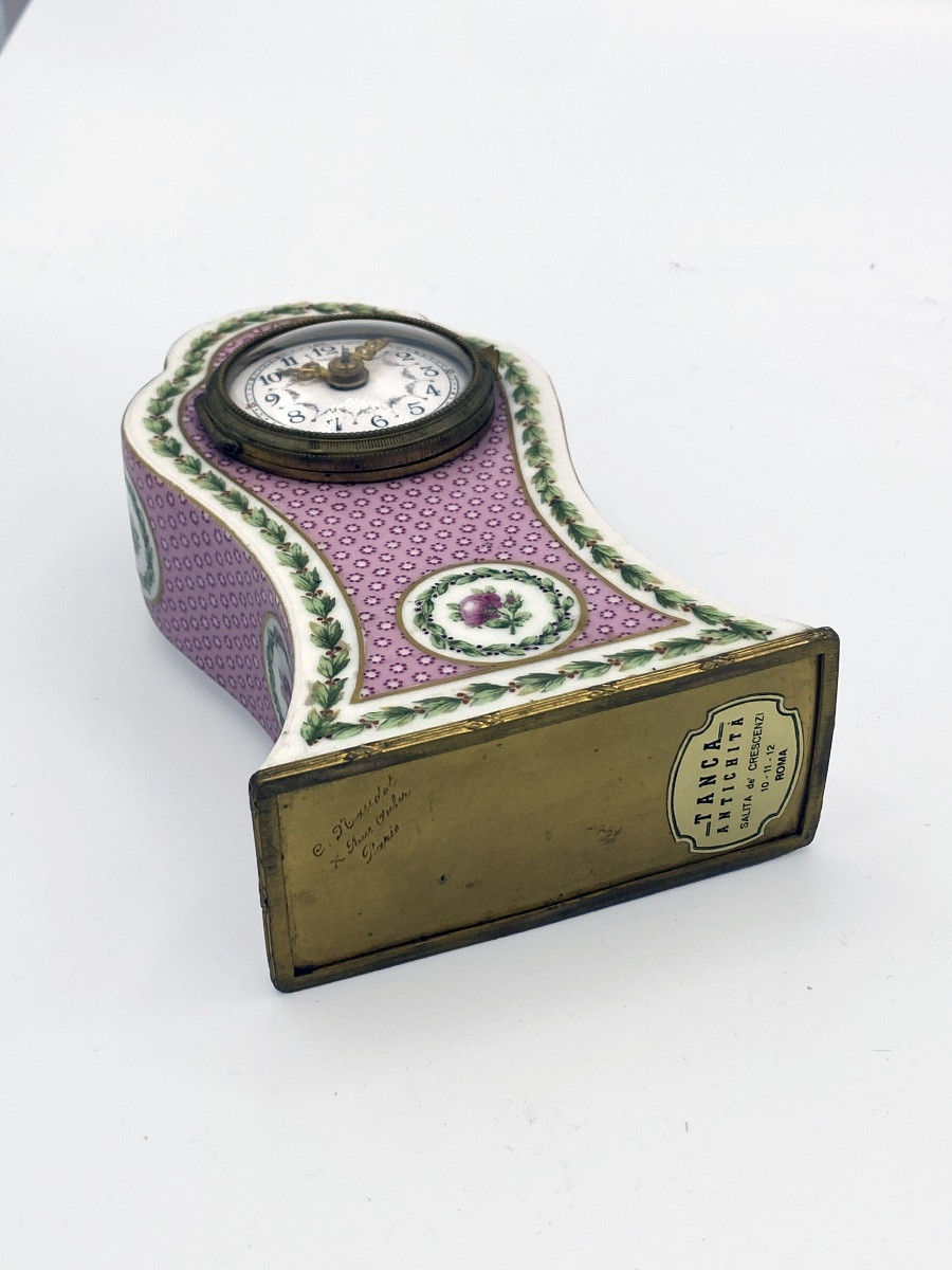 Orologio in porcellana francese Camille Naudot Paris decorazione floreale, carica con chiave-photo-4