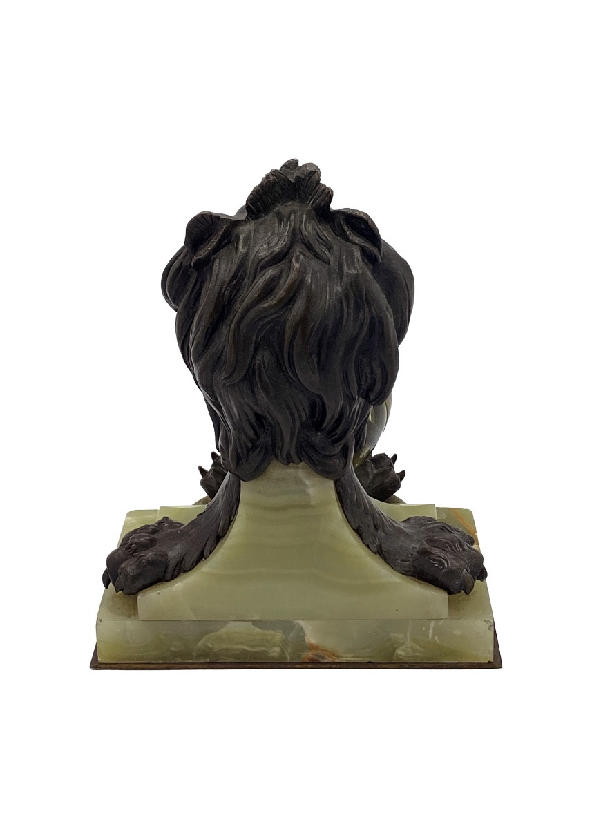 Orologio da tavolo sfera in vetro con base a figura di leone  in bronzo e marmo , funzionante-photo-3