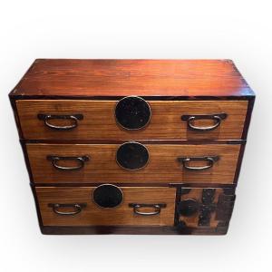 Japanese Tansu / Japanese Chest Of Drawers In Paulownia And Cedar, 19th Century