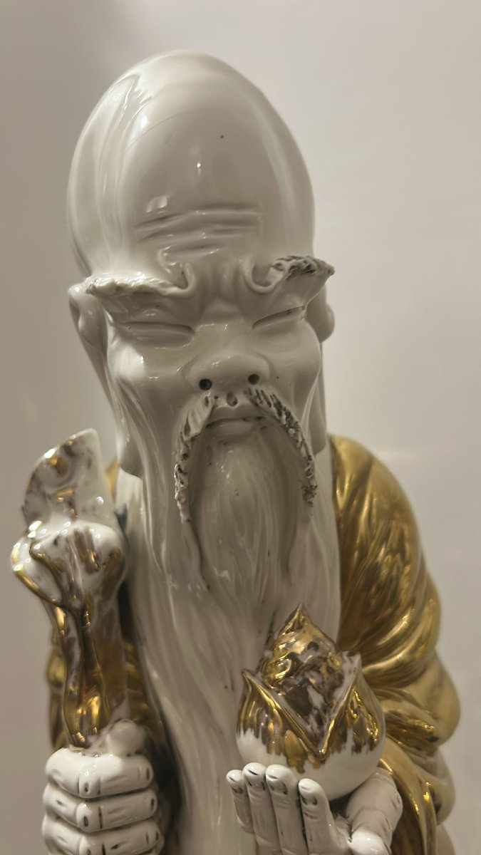 Grande Coppia Statue Cinesi Buddiste o taoiste in porcellana bianca e oro zecchino. -photo-2