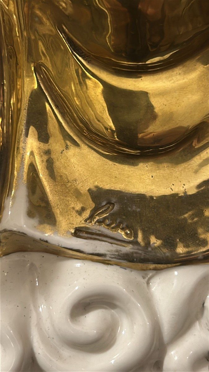 Grande Coppia Statue Cinesi Buddiste o taoiste in porcellana bianca e oro zecchino. -photo-1