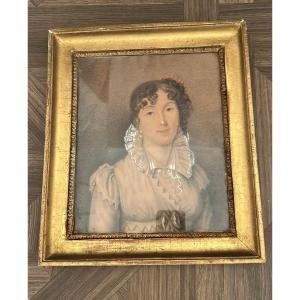 Pastello periodo XIX secolo, Francia,  con cornice in oro coeva. 