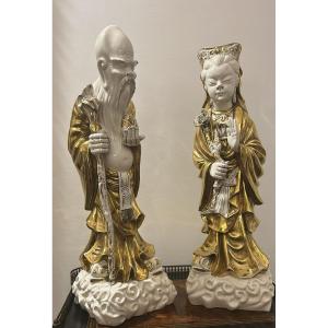 Grande Coppia Statue Cinesi Buddiste o taoiste in porcellana bianca e oro zecchino. 
