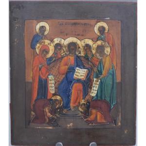 Russian Icon Christ Enthroned Surrounded With Saints Circa 1900