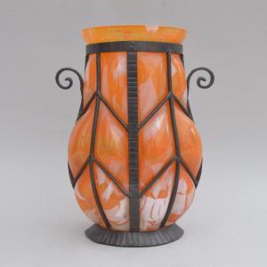 Blown Glass Vase In Iron Mounting  Art Deco Lorrain Nancy 20th Signed