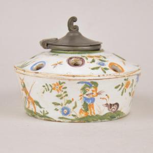 Polychrome Grand Feu Earthenware Inkwell With Grotesque Decor, France, 18th Century 