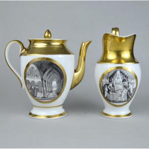 19th Century Porcelain Coffee Pot And Milk Jug Decorated With Satirical Scenes In Black And White