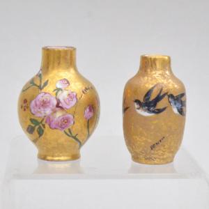 Two Miniature Limoges Porcelain Vases - Floral Decoration And Swallows, Signed Benoit