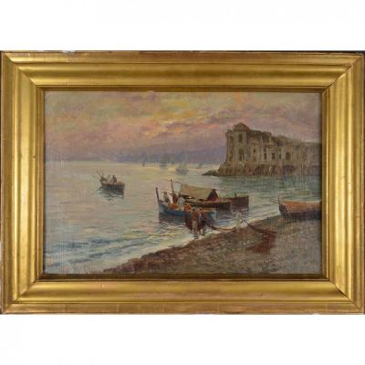 Marine Paining Representing Fishermen In Front Of Palazzo Donn'anna In Naples