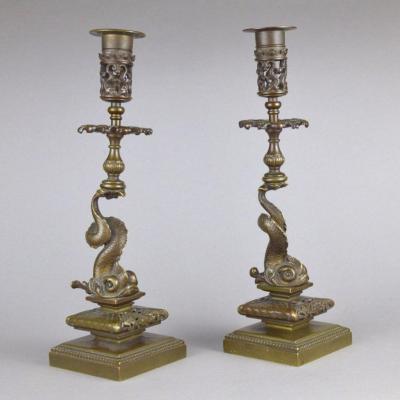 Pair Of Renaissance Style Patinated Bronze Candlesticks In The Shape Of Dolphins 19th Century
