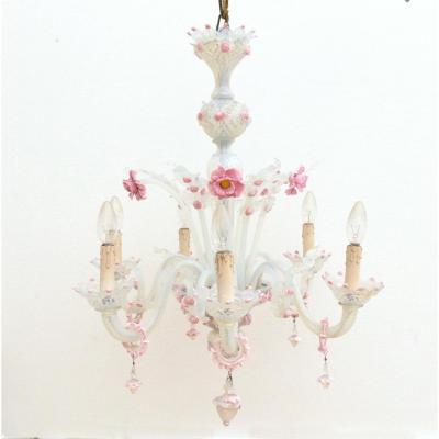 Venetian Opaline Murano Glass Chandelier With Six Branches
