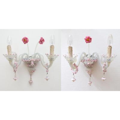 Paire Of Venetian Opaline Murano Glass Sconces With Two Arms Of Light