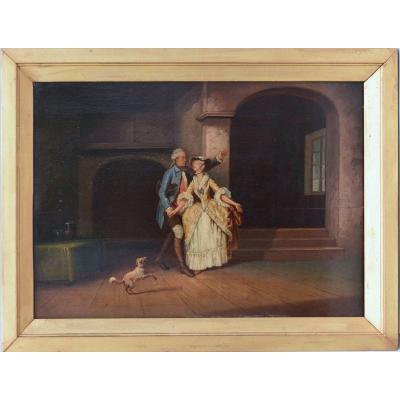 Painting Depicting XVIIIth Century Style Romantic Scene Oil On Panel XIXth Century 42x30 Cm