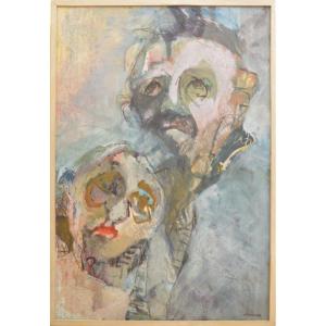 Hélène Bondurand Painting Portrait Of A Couple 129x88 Cm Mixed Media XXth Century