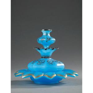 Blue Opaline Bottle With Enamel And Silver Decor