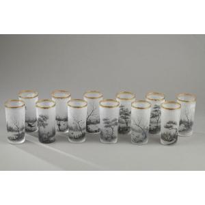 Service Of 12 Glasses Called "dutch Scene" Signed Daum Nancy