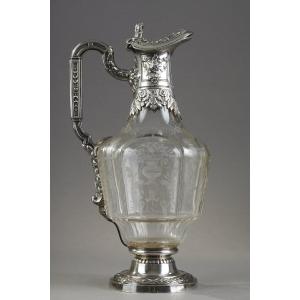 Ewer Or Carafe In Engraved Crystal And Silver, Edouard Ernie
