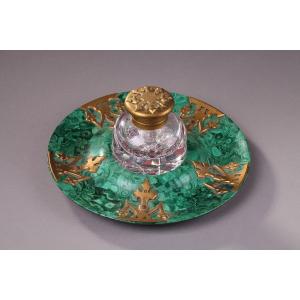 19th Century Malachite, Crystal And Gilt Bronze Inkwell.
