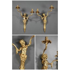 Pair Of Cherubin Gilded Bronze Napoleon III Wall Lights