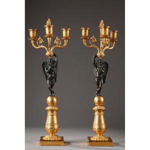 Pair Of Candelabra In Gilded Bronze And Patina. Restoration Period. 