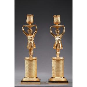 Pair Of Restoration Candlesticks In Gilt Bronze