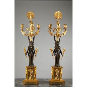 Pair Of Empire Period Candelabra With Peacocks And Winged Women 