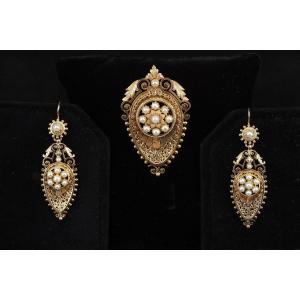Napoleon III Gold And Pearl Earrings And Brooch Set