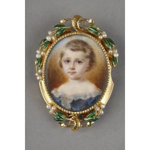 Gold Brooch And Miniature Girl On Ivory, 19th Century