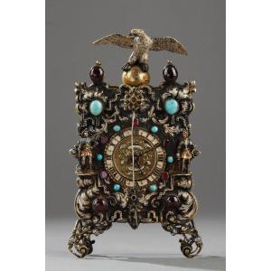Silver, Enamel, And Fine Stone Clock, Vienna, 19th Century. 