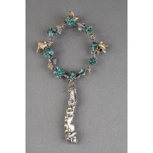 A Silver Hand Mirror, Vermeil, Enamel Decorated With Birds 