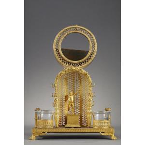 Mother-of-pearl And Gilt Bronze Watch And Inkwell Holder From The Charles X Period