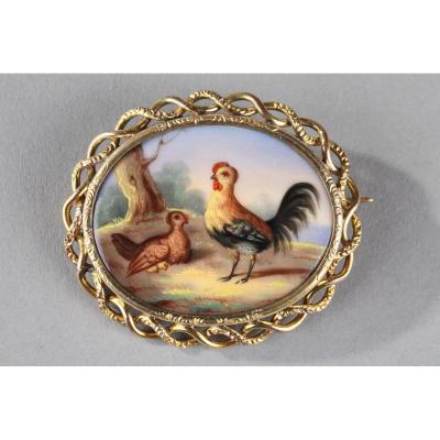 Mid-19th Century Gold And Porcelain Brooch. Hen And Rooster.
