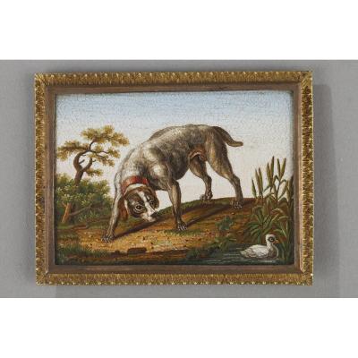 Early 19th Century Micromosaic Dog Chasing A Duck. After Gioacchino Barberi.