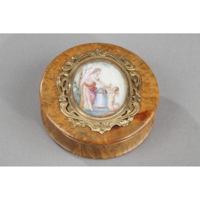 Early 19th Century Wood Gold-mounted Box With Miniature On Ivory.