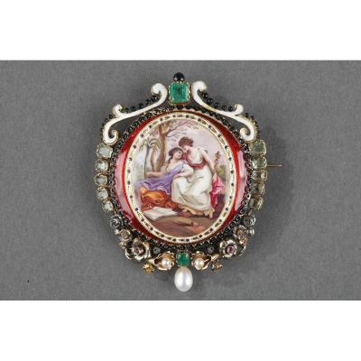Gold-mounted Brooch In Gold, Enamel And Stones.