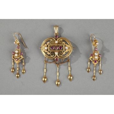 Demi-parure In Gold, Pearls And Gems Stones, Napoleon III. 